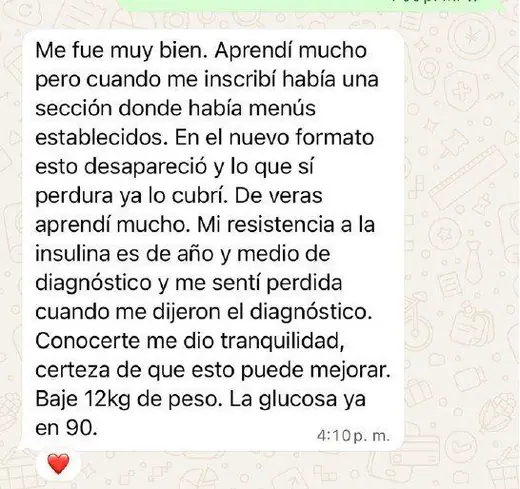 Mensaje real de una persona del programa Plan Gluco