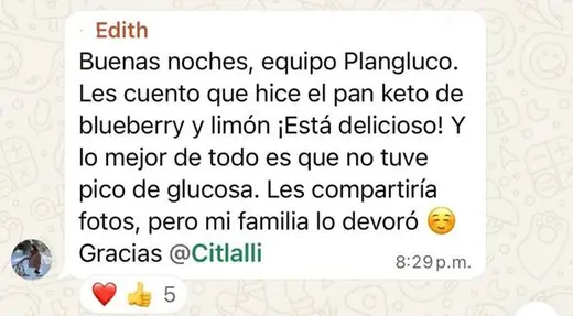 Mensaje real de una persona del programa Plan Gluco