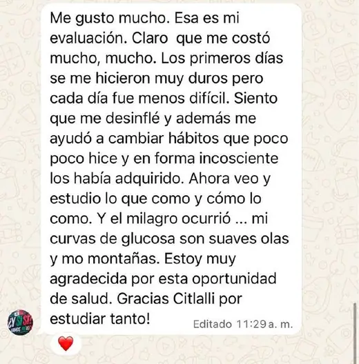 Mensaje real de una persona del programa Plan Gluco